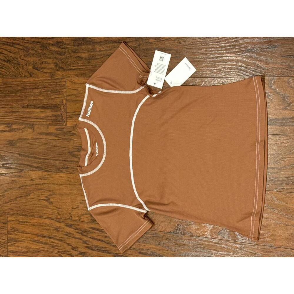 $65 Halfdays Womens Mollie Performance Short Sleeve T-Shirt Brown Stretch Size S - Picture 2 of 7